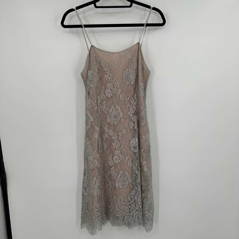 Rickie Freeman Teri Jon Nites Slip Dress Prom Gray Floral Lace Overlay Back Zip